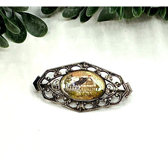Antique Filigree Silver Tone Brooch With Hand-Painted Oval Glass Insert Depictin - Picture 2 of 6